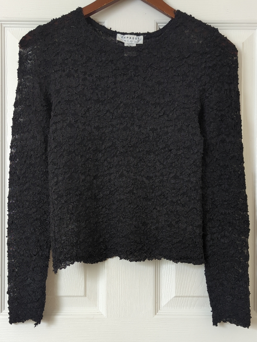 Express Tricot 90s Vintage Stretchy Embroidered Lace Long Sleeve Top Black L